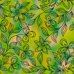 Decorative plants seamless pattern. Blurred green background.