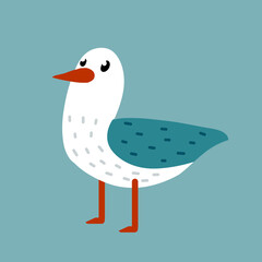 Gull. Sea white and blue bird. Children drawing of seagull. Northern fauna. A funny illustration. Cute flat cartoon animal