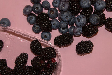 Blueberries and blackberries on a pink background