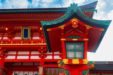 Japanese architecture. A fragment of a red Buddhist temple in Kyoto. Temple of pure water in Japan. Kiyomizu Dera Temple. Sights Of Japan. Guide to East Asia. Buddhism.