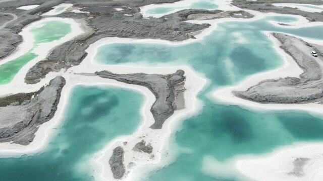 Aerial view of emerald lake (salt lake) located in China QingHai DaChaiDan(Big Chaidam / Da Qaidam). Drone shot footage 4k(UHD).