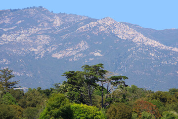Panoramic view of the Santa Ynez mountains seen from Santa Barbara on a bright summer day with blue sky