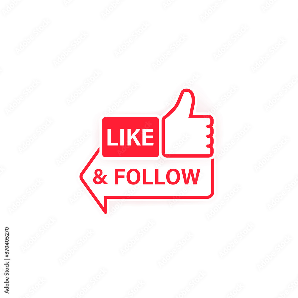 Poster like and follow icon. thumbs up. social network symbol in flat style with shadow. vector on isolated