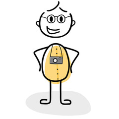 Comic Style Urlauber mit Brille und Kamera als Vektor Grafik mit Strichmännchen aus verschiedene Bereichen. Verwendbar für Präsentationen, Graphiken, Poster oder Logos.