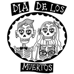 Portrait of a girl and a man skeleton. Dia de los Muertos mexican sugar. Design element for logo, label, emblem, sign, poster, t shirt. Vector illustration of mexican sugar skull. Day of the dead.