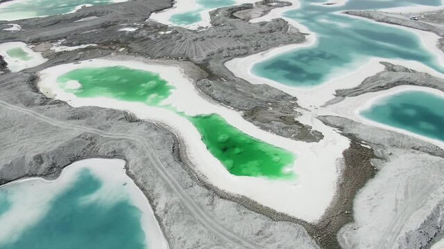 Aerial view of emerald lake (salt lake) located in China QingHai DaChaiDan(Big Chaidam / Da Qaidam). Drone shot footage 4k(UHD).