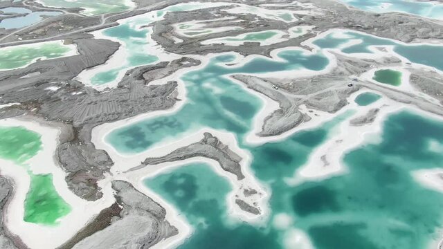 Aerial view of emerald lake (salt lake) located in China QingHai DaChaiDan(Big Chaidam / Da Qaidam). Drone shot footage 4k(UHD).