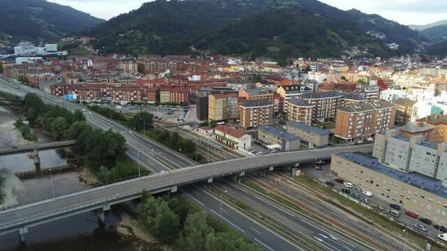 Bridge and river in Mieres,Asturias,Spain. Aerial Drone Footage