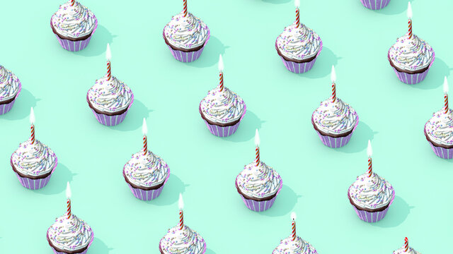 Nombreux cupcakes propos&eacute;s &agrave; volont&eacute; pour les plus gourmands et pour le plus grand plaisir de nos yeux et de nos papilles. Rendu 3D
