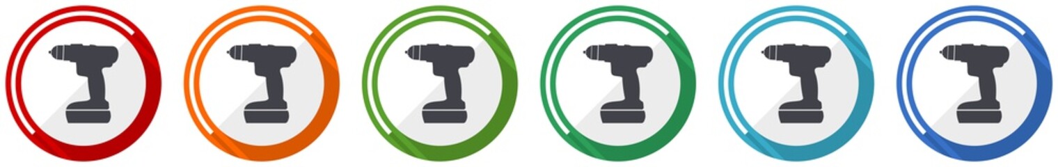 Cordless screwdriver, drill icon set, flat design vector illustration in 6 colors options for webdesign and mobile applications