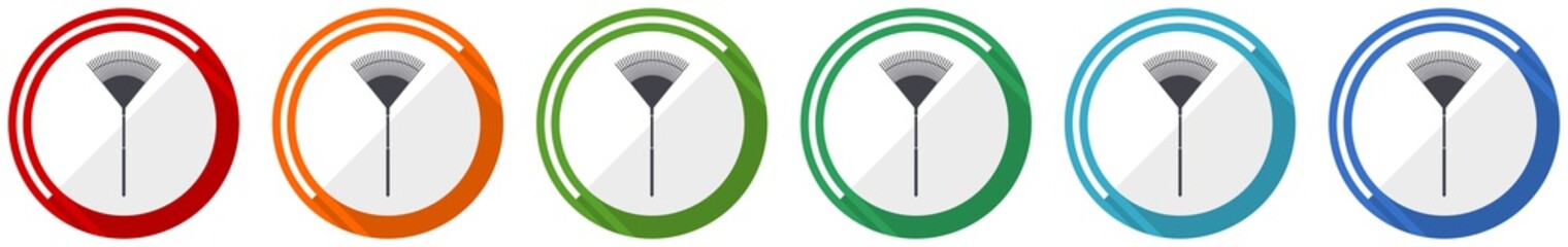 Rake, gradening  too icon set, flat design vector illustration in 6 colors options for webdesign and mobile applications