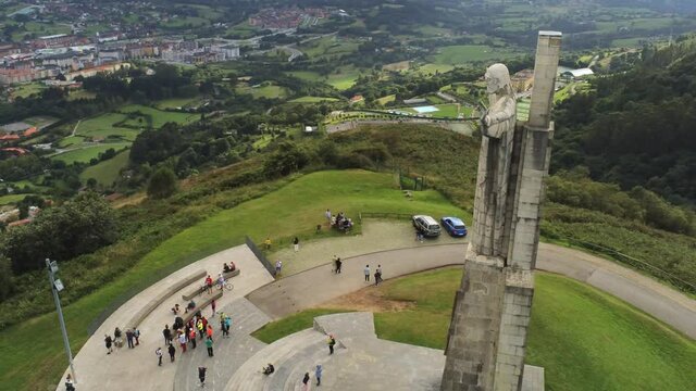 Statue of Christ on Monte Naranco in Oviedo, Asturias.Spain. Aerial Drone Footage