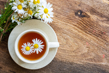 cup of herbal chamomile tea and daisy flowers. doctor treatment and prevention of immune concept, medicine - folk, alternative, complementary, traditional medicine
