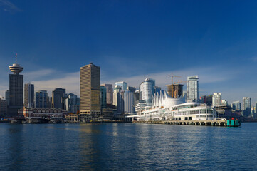 Fototapeta na wymiar Canada Place and Vancouver waterfront with Harbour Centre and Seabus terminal