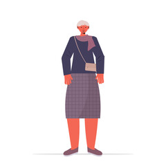 old woman in casual trendy clothes senior female cartoon character standing pose gray haired grandmother full length vector illustration