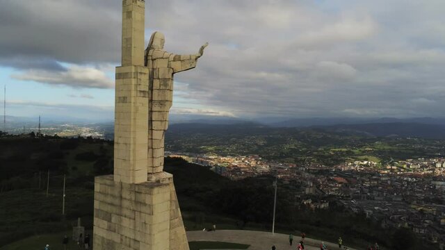 Statue of Christ on Monte Naranco in Oviedo, Asturias.Spain. Aerial Drone Footage