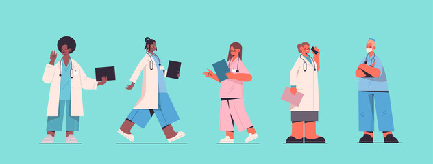 set male female doctors in uniform mix race medical workers collection healthcare medicine concept horizontal full length vector illustration