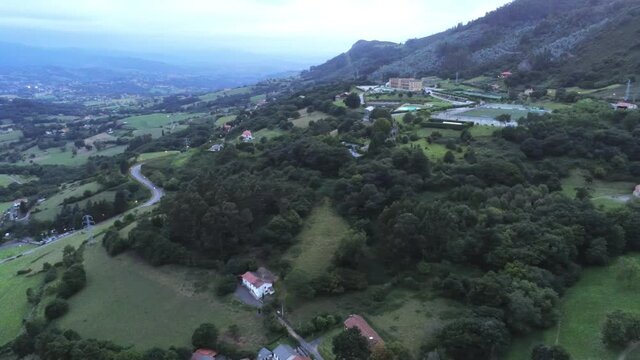 Mountains and green valley in Oviedo Asturias, Spain. Aerial Drone Footage
