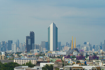 Rama 9 bridge and Kasikorn Building, with skyscraper high rise buildings in urban city, Downtown...