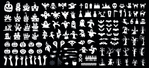 Set of silhouettes of Halloween on a black background. Vector illustration	
