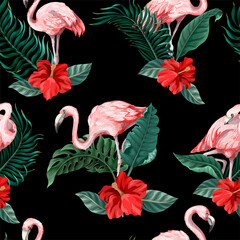 Seamless pattern with pink flamingo, flowers and jungle. Vector.