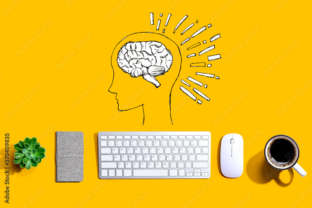Aufkleber brain illustration with a computer keyboard and a mouse