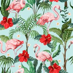 Obraz premium Seamless pattern with pink flamingo, flowers and jungle. Vector.