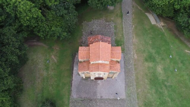 Romanesque Church. San Miguel De Lillo. Oviedo Asturias, Spain. Aerial Drone Footage