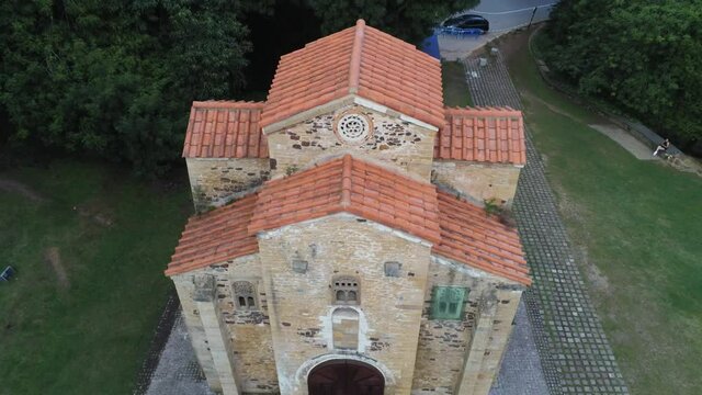 Romanesque Church. San Miguel De Lillo. Oviedo Asturias, Spain. Aerial Drone Footage