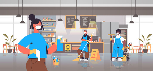 mix race cleaners in masks disinfecting coronavirus cells in cafe to prevent covid-19 pandemic cleaning service disinfection control of epidemic concept horizontal full length vector illustration