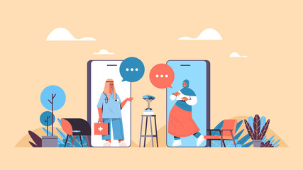 arab doctors in smartphone screend discussing during video call chat bubble communication online consultation healthcare medicine medical advice concept horizontal vector illustration