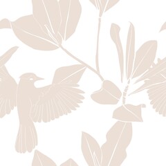 Elegant linear magnolia branch seamless pattern floral background design. Botanical illustration. Template card invitation banner design with exotic leaves and bird. Beige white colors.