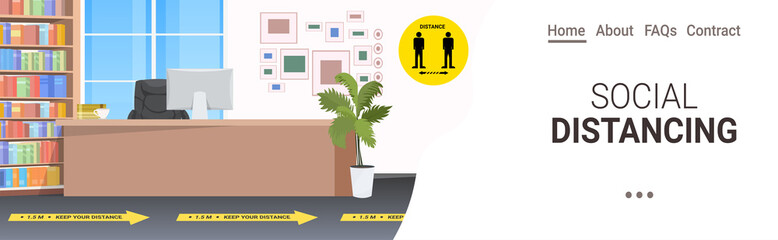 empty no people reception desk with signs for social distancing yellow stickers coronavirus epidemic protection measures horizontal copy space vector illustration