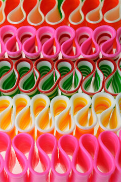 Straight Rows Of Colorful Thin Old Fashioned Ribbon Candy