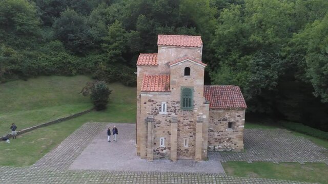 Romanesque Church. San Miguel De Lillo. Oviedo Asturias, Spain. Aerial Drone Footage