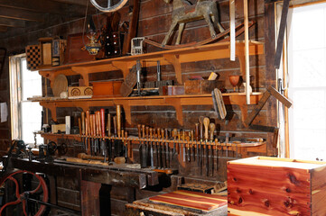 Historic 1867 cabinet makers shop with lathe in Black Creek Pioneer Village Toronto