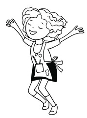 drawing of a girl artist who draws and rejoices, dances, raised her hands up, freehand drawing, black and white, contour, linear