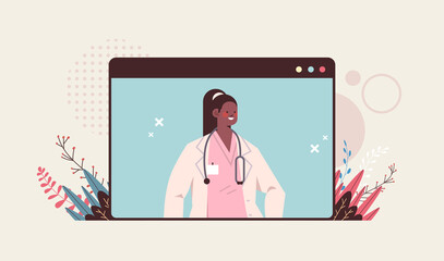 female doctor in web browser window consulting patient online consultation healthcare telemedicine medical advice concept portrait vector illustration