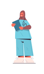 female arab doctor in uniform holding clipboard healthcare medicine concept arabic woman medical worker standing pose vertical isolated full length vector illustration