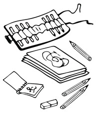 a set of Doodle images in black and white outline drawn by hand, drawing colored pencils, eraser, paper. notepad
