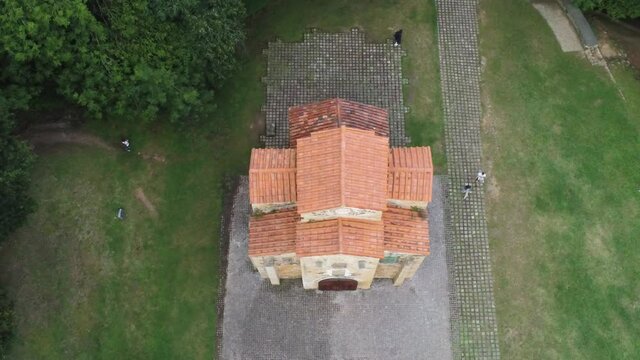 Romanesque Church. San Miguel De Lillo. Oviedo Asturias, Spain. Aerial Drone Footage