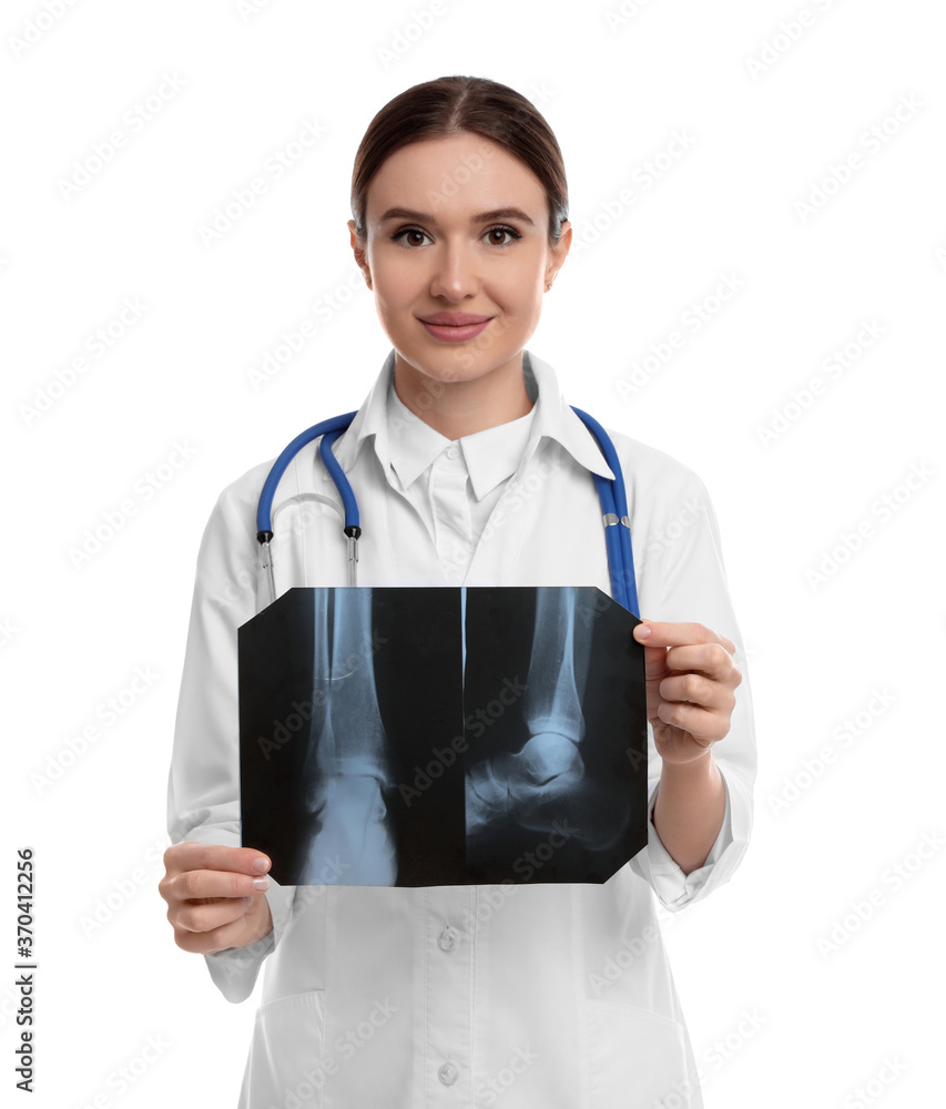 Sticker Orthopedist holding X-ray picture on white background