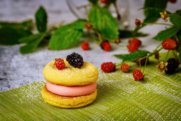 Delicious lemon cookie with pink cream and fresh blackberry.