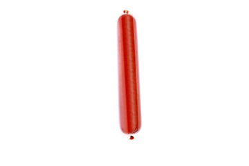 Raw sausage in polyethylene shell isolated on white background.