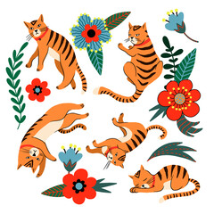 Ginger cats and flowers isolated. Vector.