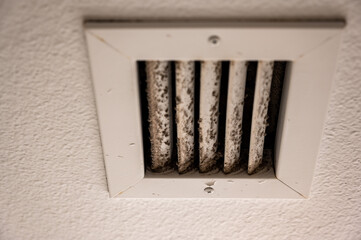 Subjective focus on lint and dirt particles on a ceiling air vent