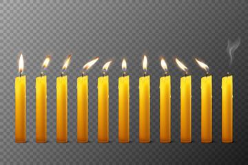 Vector 3d Realistic Orange Paraffin or Wax Burning Candles with Different Flame Icon Set Closeup Isolated on Transparent Background. Design Template, Clipart