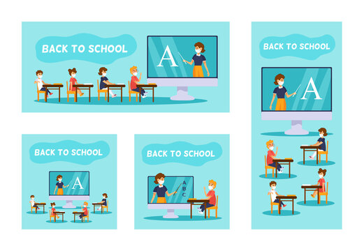 Online education. Set of banners in different formats. Kids sits at a large monitor. Back to school.