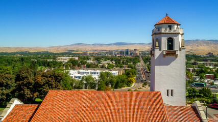 Fototapeta premium Close up of train depot clock tower with Boise in the background