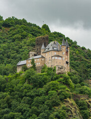 The Katz Castle is located on the hill above the village of Sankt Goar, Germany, on the Rhine River